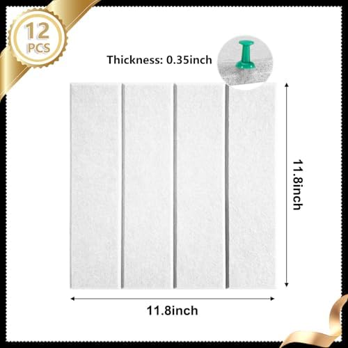 12 Packs White Felt Pin Board, Large 12" Bulletin Board with 30 Push Pins, Felt Board Slat Wall Paneling for Office Home Kitchen, Self-Adhesive Corkboard Tiles for Classroom Message Photos Memos