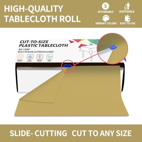 CXPSINC 54 Inch X 100 Feet Plastic Table Cover Roll Disposable Tablecloth with Slide Cutter for All Type/Shape Tables | Party, Banquet, Birthdays, Weddings(Gold, 100 Feet)