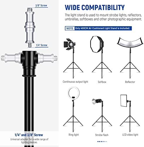 NEEWER 13ft/400cm Air Cushioned Light Stand, Heavy Duty Metal Photography Tripod Stand with 1/4” to 3/8” Reversible Screw Adapter and 3 Way Mounting Interface, Load Capacity: 6.5lb/3kg, ST-400AC