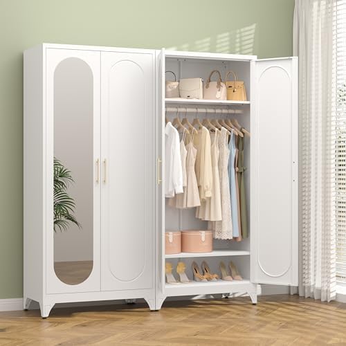 Polup Metal Armoire Wardrobe Closet with Mirror, Clothing Storage Cabinet