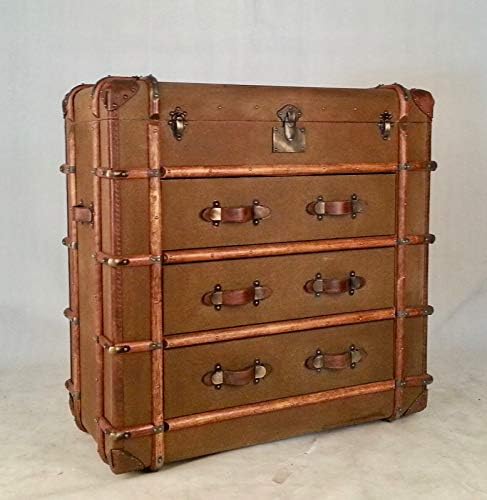 Nautical-Mart Vintage Canvas Luggage Chest - Coffee Brown Vintage Chest of Drawers w/Lift Top & Timber Trim