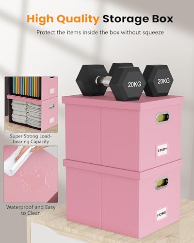 Oterri 2 Pack File Storage Organizer Box,Filing Box,Portable File Box with Lid,Fit for Letter/Legal File Folder Storage, Pink(Leather)-Box only