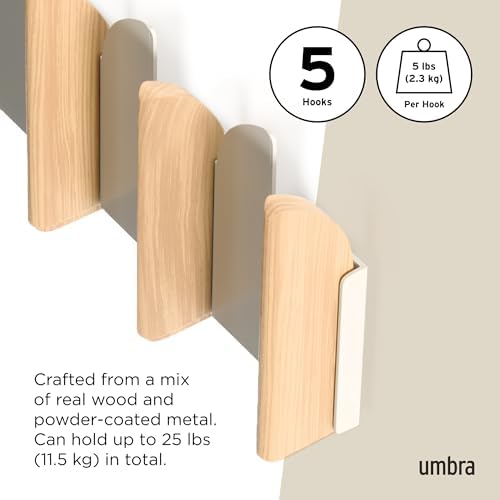 Umbra Saloon Wall Hook, Wall Mounted Coat Rack, 5 Hook, Natural