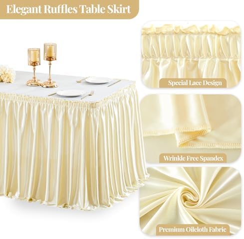 Wish Care 14ft Champagne Satin Table Skirt for Rectangle Tables Wrinkle Free Teacher Desk Skirt Glitter Ruffle Table Skirting Cloth for Back to School Classroom Office Dorm Birthday Party Table Decor
