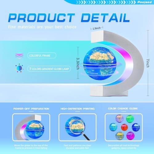 Magnetic Levitating Floating Globe with 7 Colored Lamp, Cool Tech Gadgets Gifts World Globe for Men Father, Birthday Gifts Office Home Desk Decor Display Frame