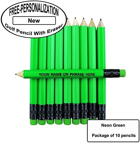 EZPENCILS & GIFTS - Golf Pencils Tipped with Eraser (1/2 a Pencil - Pew Pencils) - Neon Green Colored Barrel - FREE-PERSONALIZATION - 2HB Black Lead - Custom Text - Non-Smear Eraser – Package of 10