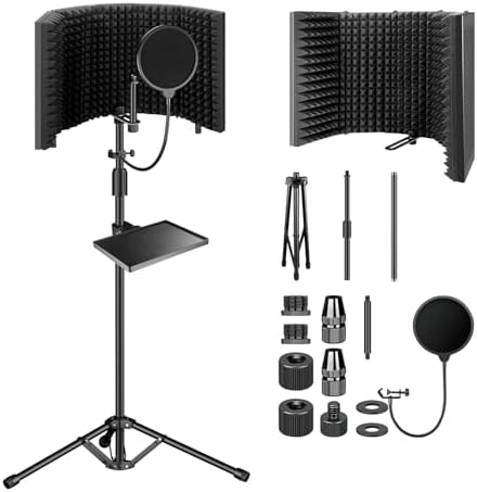 Aokeo Studio Recording Microphone Isolation Shield with Pop Filter & Tripod Stand,High Density Absorbent Foam to Filter Vocal,Foldable Sound Shield for Blue Yeti and Condenser Microphones