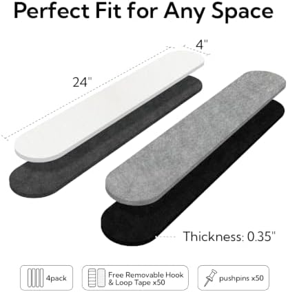 Olanglab Felt Bulletin Board Strips 4-Pack 24"x16" with 50 Pins, Lunar Grey