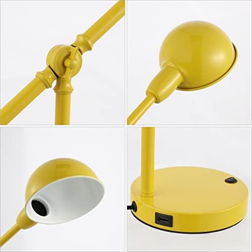 JONATHAN Y 20.25" Yellow Vintage Industrial Iron Adjustable Task Lamp with USB Charging Port for Office Desk, Metal Yellow Dome Shade, LED Bulb Included (JYL7123C)