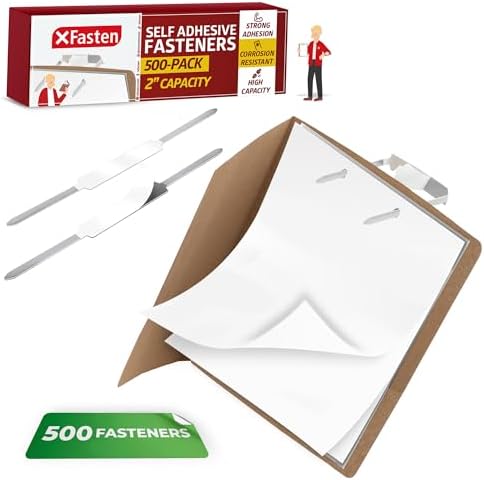 XFasten Self Adhesive Fasteners 2 Inch Capacity 500-Pack Archival-Grade Two Prong Paper Fasteners 2 Inch for Metal File Fastening, Folders, Medical Reports, Thick Paper Stacks, and Folder Accessories