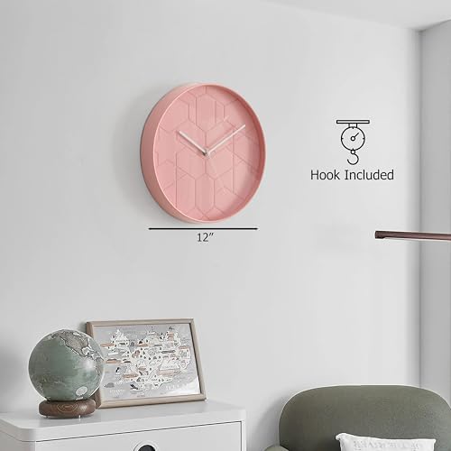 Clockswise 12" Rose Pink Hex Embossed Wall Clock Modern Decorative Round Hanging Design with Geometric Pattern Perfect for Bedroom Living Room Kitchen Office Nursery and Contemporary Home Décor