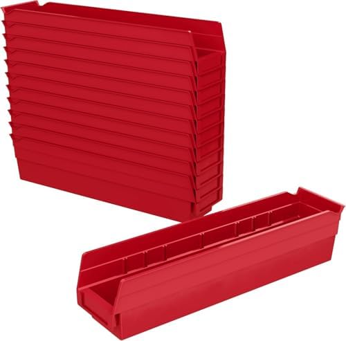 Akro-Mils 30128 Heavy Duty Plastic Shelf Bins, 18"x 4"x 4", Red, 12-Pack