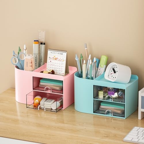 Marbrasse Small Desk Organizer with Drawer, Multi-Functional Pen Pencil Holder Storage Box, Desk Organizers and Accessories with 4 Compartments + 2 Drawer for Office Art Supplies(Pink)