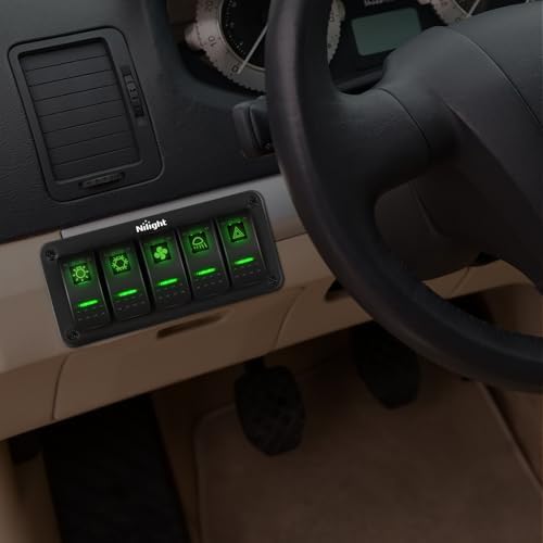 Nilight 5 Gang Rocker Switch Panel SPST On Off 5PIN Electrical Toggle Green