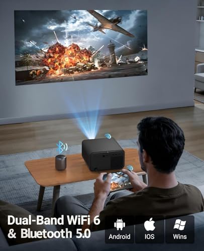 【Native 1080P & Auto Focus】Mini Projector with WiFi and Bluetooth, 800Ansi Brightness, Support 4K HD, Portable Movie Projector, Auto Keystone Correction, Compatible with Smartphone, Laptop, HDMI, USB