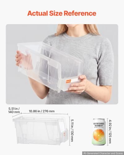 VEVOR Plastic Stackable Storage Bins, 10.9 x 5.5 x 5.1 inch (8 Pack), Plastic Containers for Organizing & Storage Bins for Closet, Garage, Small Parts, Office Supplies, Other Accessories, Transparent