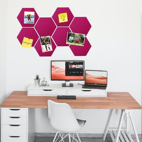 8 Pcs Hexagon Felt Cork Bulletin Board Tiles, Self Adhesive DIY Bulletin Board Pin Board for Office School Home Wall Decor Memos Photos Display(Rose Red)