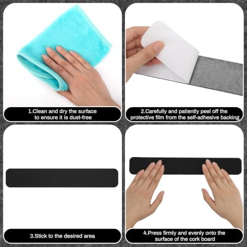 Thboxes 8 Pack Felt Bulletin Board Strips, 13x2 Inch Self Adhesive Felt Pin Boards with 50 Pushpins and 10 Wooden Clips Push Pins, Cork Board for Walls Home Office Decor(Black)