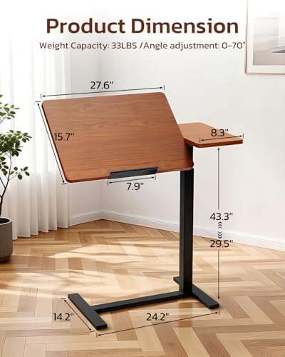 Simple Deluxe Standing Rolling Desk with Hidden Casters, Height Adjustable Pneumatic Mobile Laptop Desk, Tilting Bedside Table for Laptop, Overbed Bedside Table Hospital Home Use, Brown