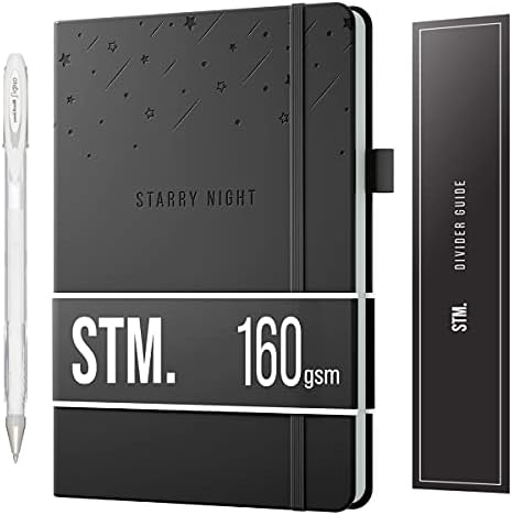 Scribbles That Matter Black Paper Bullet Dotted Journal Notebook | A5 Starry Night Free white gel pen | 160gsm Blackout no-bleed dot grid paper | For Men and Women | 5.75 x 8.5 in | Black