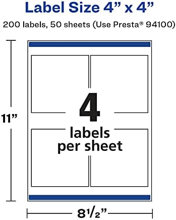 Avery Glossy White Square Labels, Sure Feed Technology, 4" x 4", 200 Glossy White Labels, Permanent Adhesive, Laser/Inkjet Printable