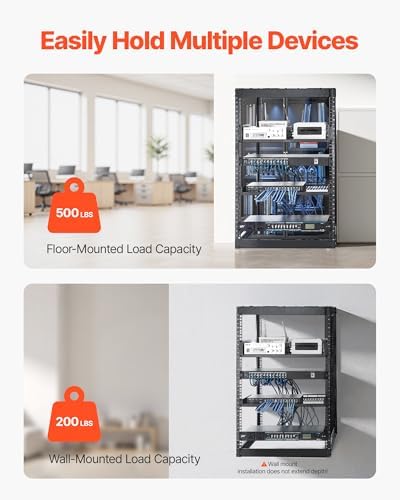 VEVOR 16U Open Frame Server Rack & Network Rack, Wall Mounted or Floor Standing, Heavy Duty 4 Post, with 2PCS Vented 1U Shelves & Mounting Hardware, Holds All 19'' Networking IT Equipment AV Gear