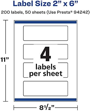 Avery® Matte White Rectangle Labels, Sure Feed® Technology, 2" x 6", 200 Matte White Printable Labels