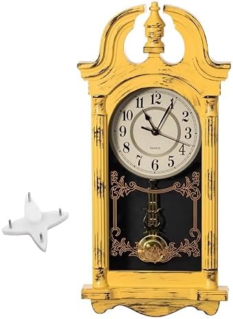 Clockswise 20" Plastic Grandfather Clock in Distressed Finish with Swinging Pendulum & Chiming Sound Battery-Operated Decorative Wall Accent for Home Office Living Room Kitchen Hallway, Yellow