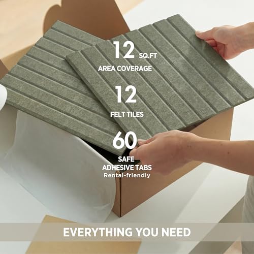 VIVELDA Felt Bulletin Board Tiles 48"x36" 12-Pack, Cork Board Alternative, OEKO-TEX Certified, NRC 0.95 Acoustic Wall Panels, Damage-Free Adhesive, Slatted Design, Home Office, Classroom (Khaki Green)