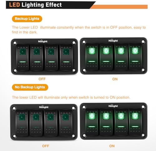Nilight 4 Gang Rocker Switch Panel SPST On Off Toggle Laser Pattern Green