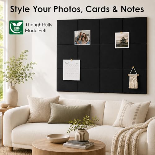 SIOLOC Felt Bulletin Board Tiles, 12 Pack Black Cork Board Alternative for Walls, Large Felt Wall Tiles, 48 x 36 in Oversized Wall Organizer for Home Office Classroom Dorm