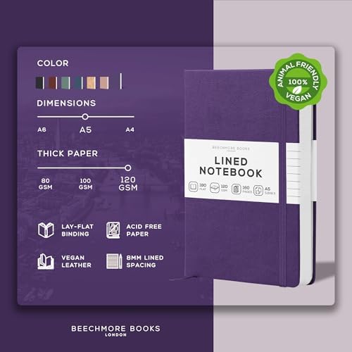 BEECHMORE BOOKS A5 5x8 Lined Leather Journal For Men, 120 GSM with Gift Box