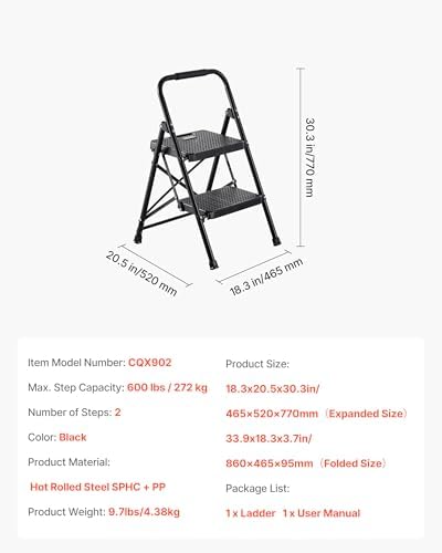 VEVOR 2 Step Ladder, Folding Step Stool with Wide Anti-Slip Pedal and Comfort Handgrip, Lightweight 600 lbs Capacity Portable Steel Ladder, Multi-Use for Kitchen, Home, Household and Office, Black