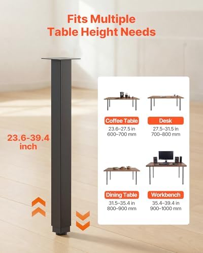 VEVOR Adjustable Table Legs, 24-40 in Square Steel Furniture Legs, 1200 lbs Max Load Heavy Duty, Quick Installation, Ideal for Home Office Desk DIY, Coffee Dinner Bar Tables, Workbenches, 4 PCS, Black