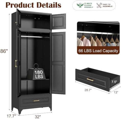 SteeLoong 86”H Metal Wardrobe Cabinet,Armoire Wardrobe Closet with Drawer
