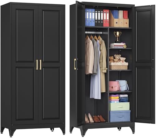 71" Metal Storage Cabinet with Hanging Rod, Black Tall Wardrobe Closet with 3 Adjustable Shelves, Heavy Duty Steel Office Armoire, Modern Minimalist Design for Bedroom, Laundry Room