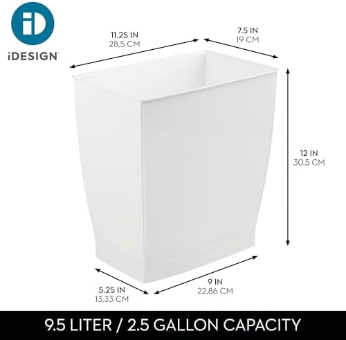 iDesign,Plastic Spa Rectangular Trash, Waste Basket Garbage Can for Bathroom, Bedroom, Home Office, Dorm, College, 2.5 Gallon, White