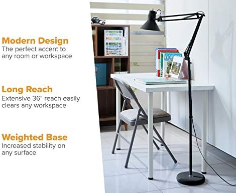 Bostitch Office VLF100F Swing Arm Metal Floor Lamp, Multi-Joint Adjustment, Includes Replaceable LED Bulb (VLF), Black, Floor 72" Tall (Pack of 2)