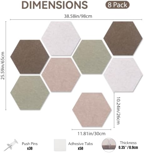 Hexagon Cork Board for Walls Decor, 8 Pack Felt Bulletin Board Tiles with 30 Pushpins, 50 Adhesive Tabs, 12" Pin Board Felt Board for Office & Home Classroom, Notes Photos and DIY Decor