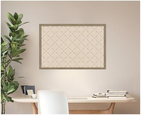 Kate and Laurel Framed Fabric Pinboard 38 x 26, Green Lattice Pattern Printed Linen Classic Bulletin Board for Use as a Vision Board or Wall Organization, Florence Light Brown Frame