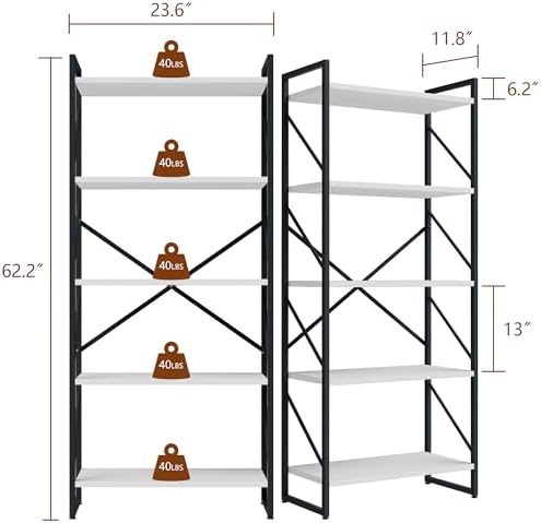Shintenchi 5 Tiers Bookshelf, Classically Tall Bookcase Shelf,Industrial Book Rack,Modern Book Holder in Bedroom/Living Room/Office, Storage Rack Shelves for Books/Movies,11.8" Dx23.6 Wx62.2 H,White