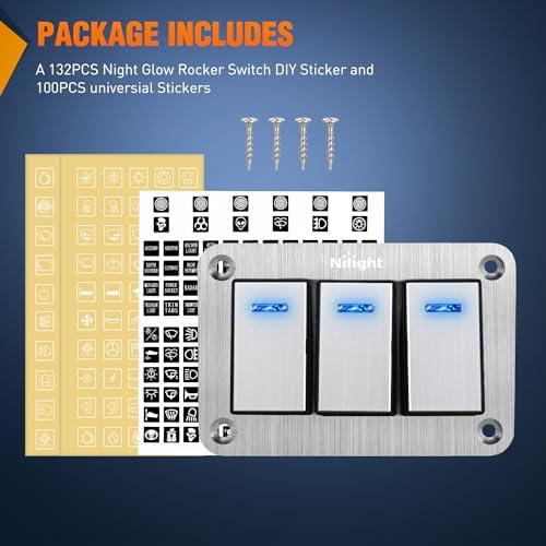Nilight 3 Gang Rocker Switch Panel 3 Pin On Off Pre-Wired Blue LED