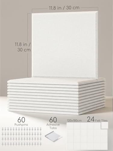 Thick Felt Pin Board Tiles 24 Pack, 11.8x11.8 Bulletin Board for Wall
