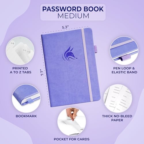 Clever Fox Password Book with Alphabetical Tabs, 5.3"x7.7" Keeper Lavender