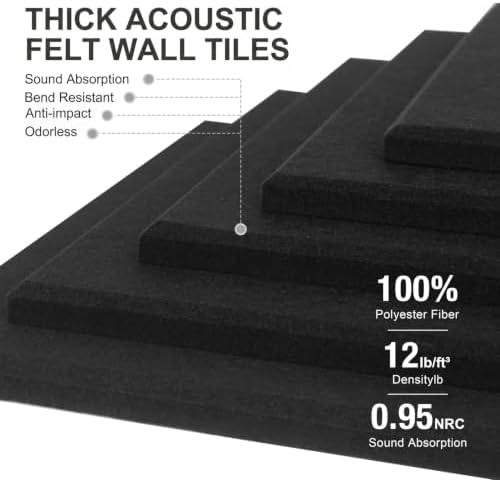 Felt Wall Tiles Bulletin Board Large Cork Board Alternative 6 Pack 11.81”x11.81”x0.47” Felt Pin Board Tack Board with Safe Removable Adhesive Tabs for Home Office School 36x24 (Black)