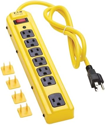 Eaton Tripp Lite Series TLM704SA Heavy Duty Power Strip with Surge Protection, 7 Outlets, 450 Joules, 4ft Cord, Yellow Metal Housing, Under Desk & Wall Mountable, Cord Wrap, Industrial Garage Shop