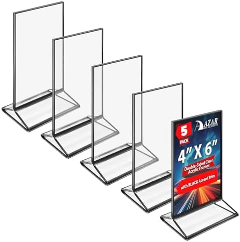 Azar Displays 152792-BLK-5PK Black Trim Double-Sided Clear Acrylic Frames – Elegant Display Frames for Weddings, Events, and Photos | Premium 4X6 Tabletop Sign Holders (5-Pack)