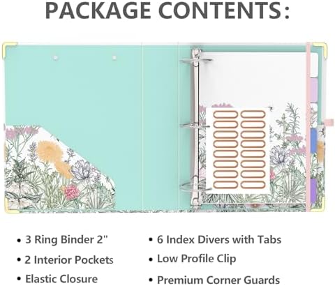 3 Ring Binder 2 Inch, Round Ring Binders with 6 Tab Dividers, 2 Interior Storage Pockets, Cute Low Profile Clipboard, Fashion School Office Supplies, Folders Organizer, Portfolio (Wild Flowers)