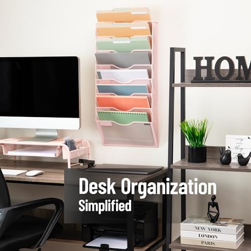 Mind Reader Wall File Organizer, 8 Pocket Hanging Document Rack, Office Wall Mount, Metal Mesh, Pink