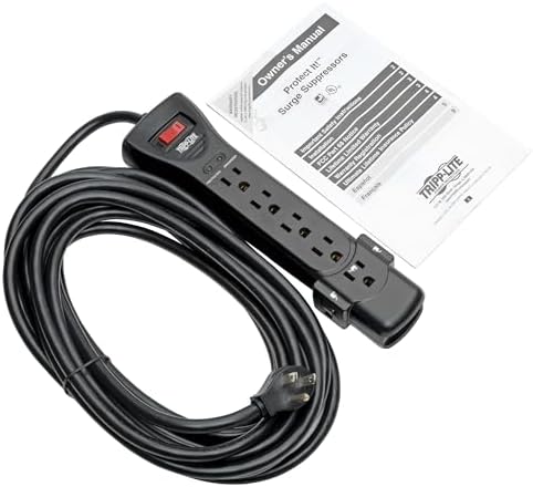 Eaton Tripp Lite Series SUPER725B 7 Outlet Flat Plug Long Extension Cord Power Strip Surge Protector, 25ft Extension Cord with Multiple Outlets, 2160 Joules, Black, Home Office Dorm Room Essentials